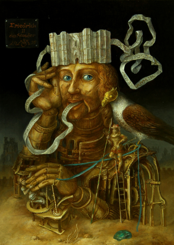 Alexandra Müller-Jontschewa | Kaiser Friedrich II in der Wüste | 50 x 70 cm | 2016 | surrealismus-aktuelle.com