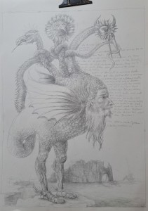 Handzeichnungen zu: Die Seherin (Vǫlospá) im Eiswald | Odin auf seinem Pferd | Schlange von Arabien | Der Merkur der Philosophen |